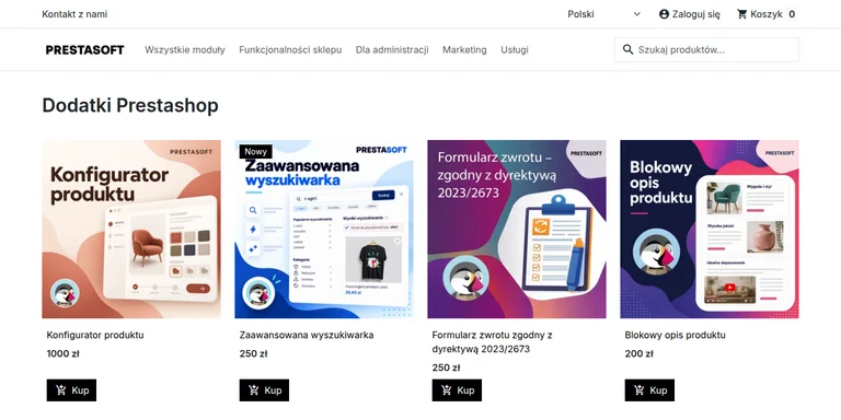 Widok sklepu PrestaSoft.pl z modułami do PrestaShop